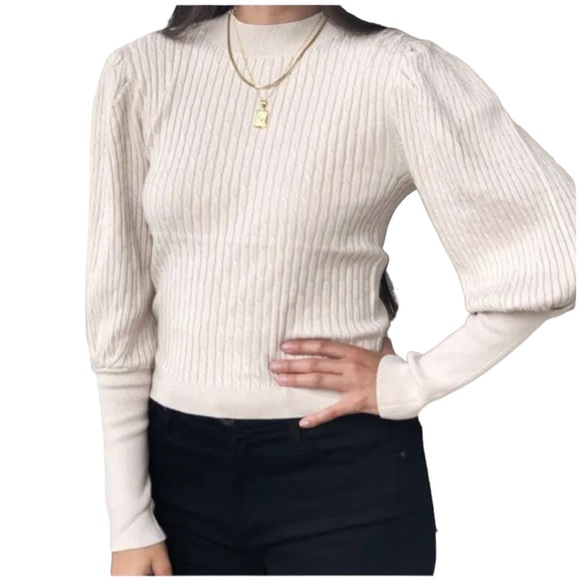 525 America Sweaters - 525 America Cable Knit Puff Sleeve Pullover Size Large Cream White Beige